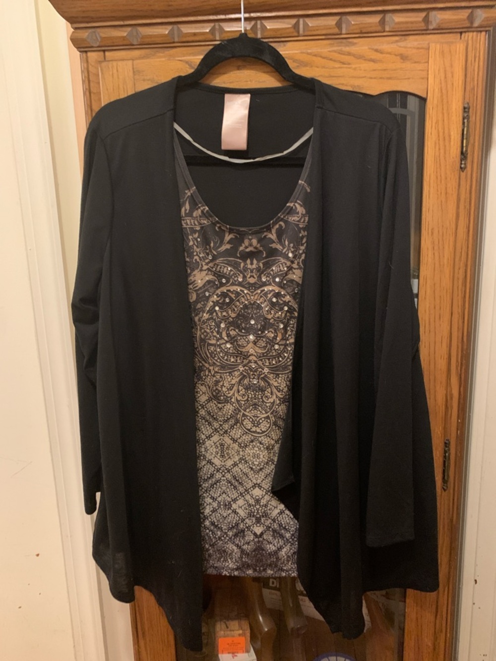 White Stag Black Open Front Cardigan with Printed Tank Layer